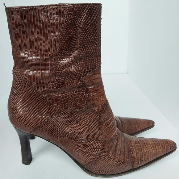 Vintage Women's Botticelli Patchwork Lizard Brown Leather Ankle Booties Sz37 EUC - Picture 3 of 10